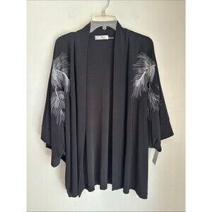 Natori Embroidered Black Open-Front Kimono Cardigan jacket Feathers Womens Med